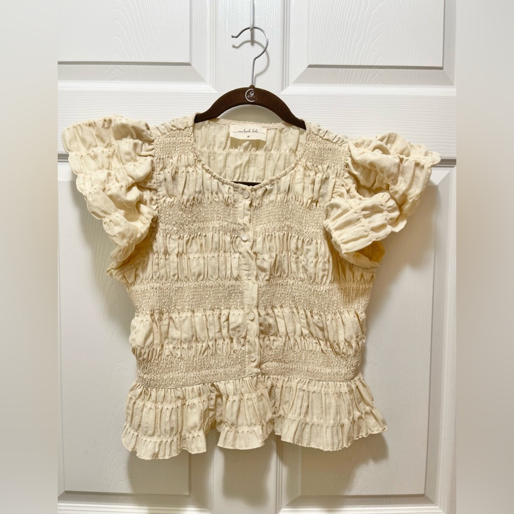 Smocked Babydoll Top Textured Frilled Sleeve Tank Womens M Cream Lolita